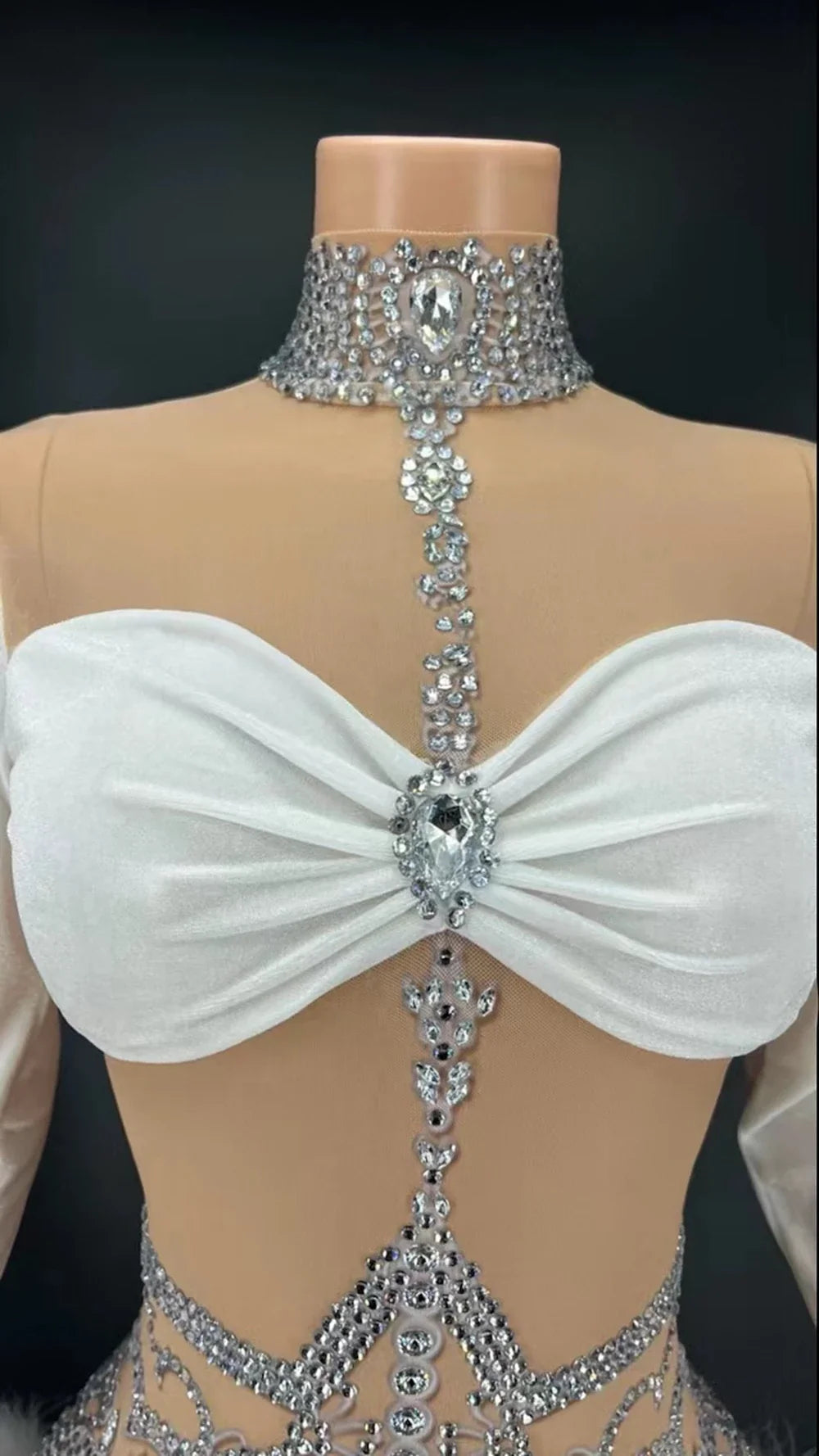 Sparkly Rhinestone & White Feather Long-Sleeve Bodysuit Stage Costume