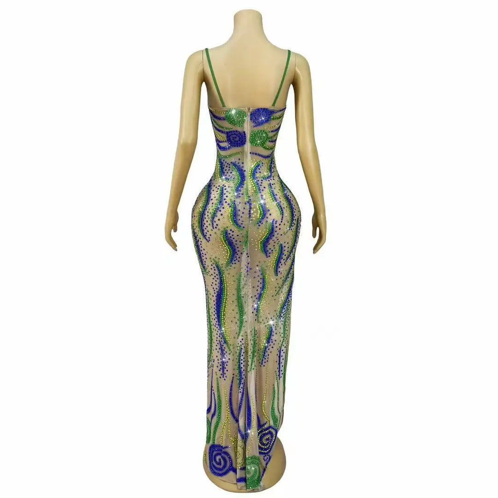 Sparkly Green Rhinestone Strip Split Maxi Dress Sheer Mesh Stage Performance Costume