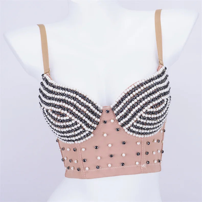 Rhinestone Beaded Bustier Corset Crop Top High Fashion Evening Party Bralette