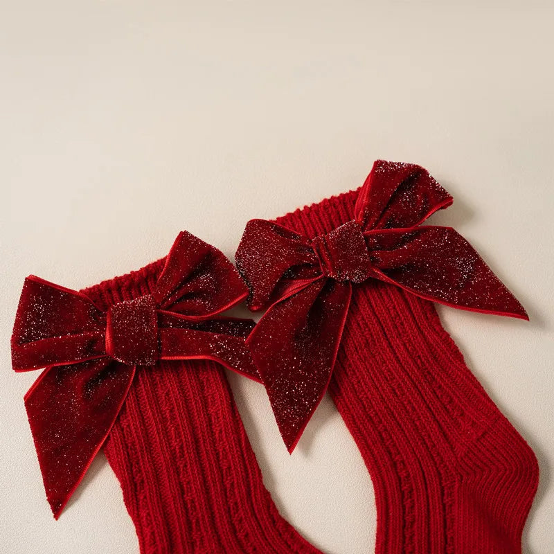 Baby Girls Red Big Bow Christmas Socks - Kids Cotton Solid Woolen Sock Leg Warmers | Toddler Soft Socken for 0-5 Years