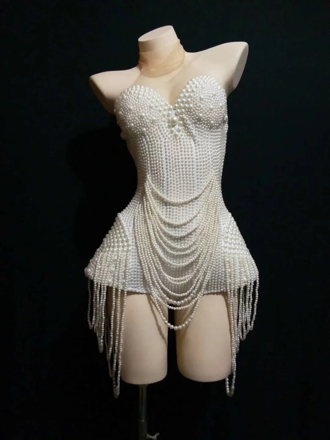 The Stardust Pearl Cascade Bodysuit – Luxury Beaded Tassel Showgirl Costume