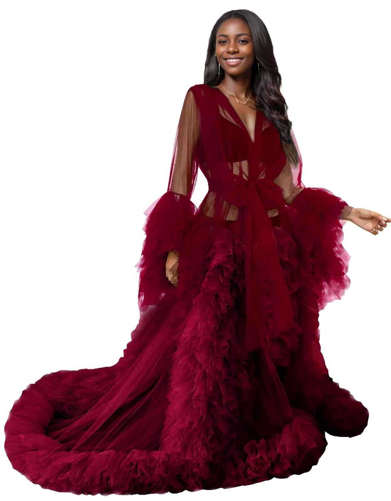 Voluminous Illusion Tulle Ruffle Long Robe Dressing Gown