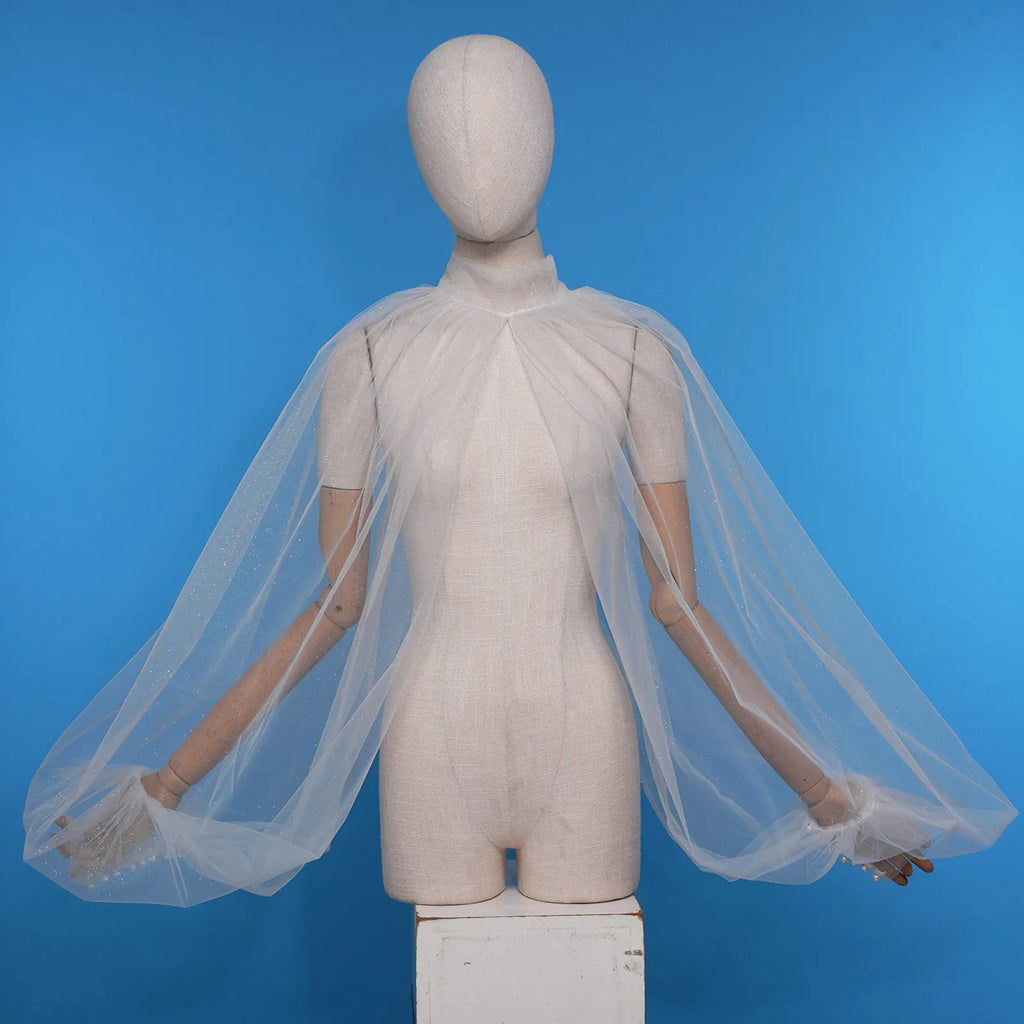 Shimmering Mesh Lantern Sleeve Bolero Shrug & See-Through Mock Neck Top