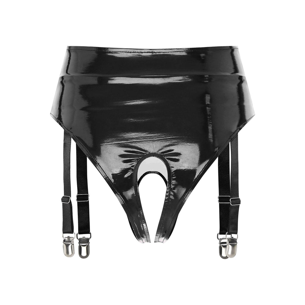 High-Waist Patent Leather Crotchless Thong & Garter Clip Lingerie