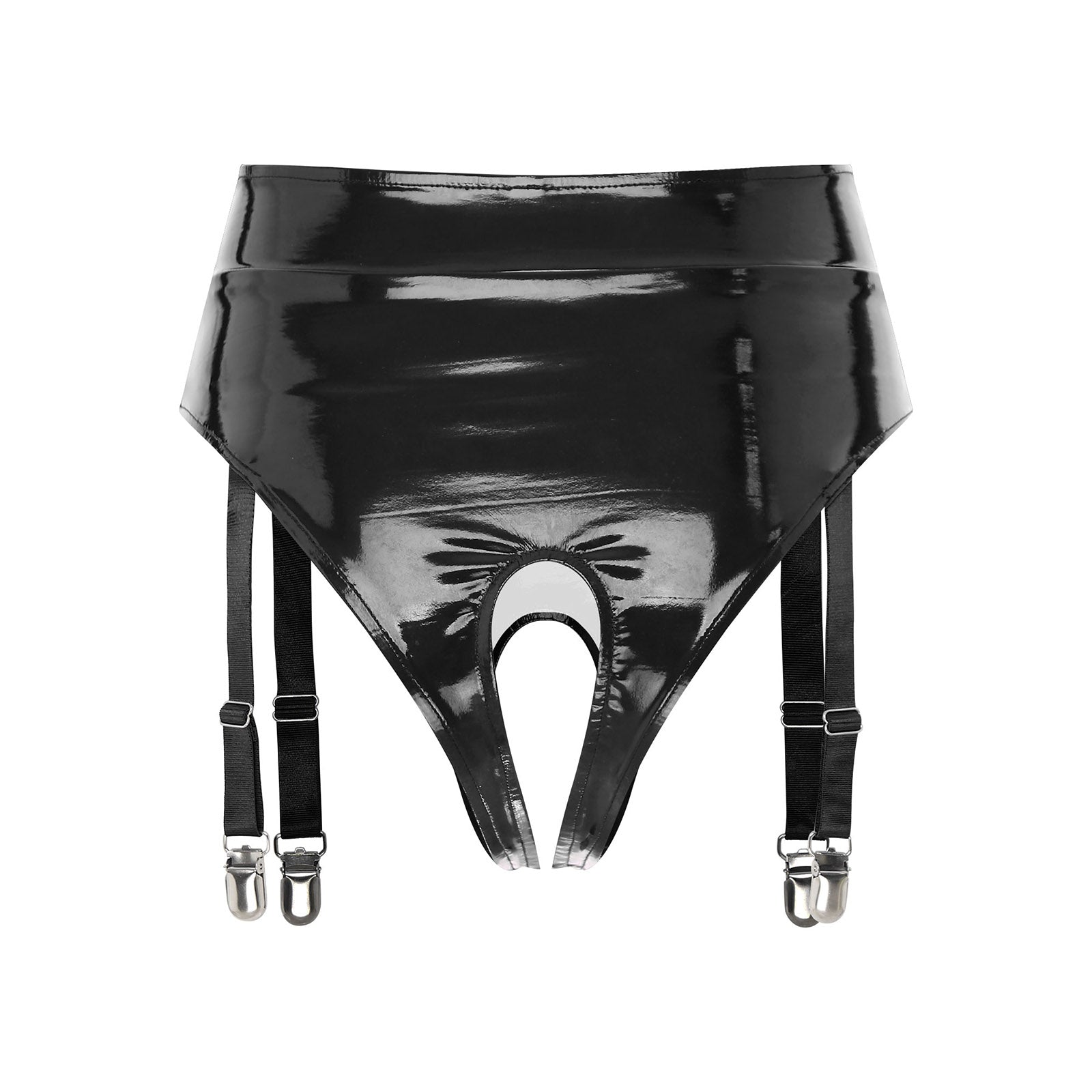 High-Waist Patent Leather Crotchless Thong & Garter Clip Lingerie