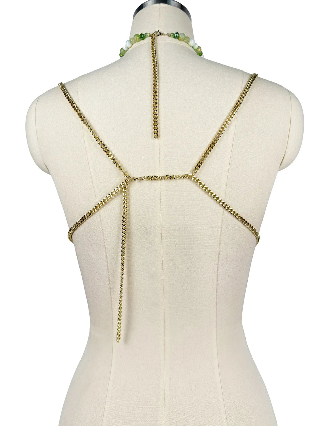 The Stardust Emerald Goddess – Handmade Green Rhinestone & Beaded Tassel Body Chain Halter Top
