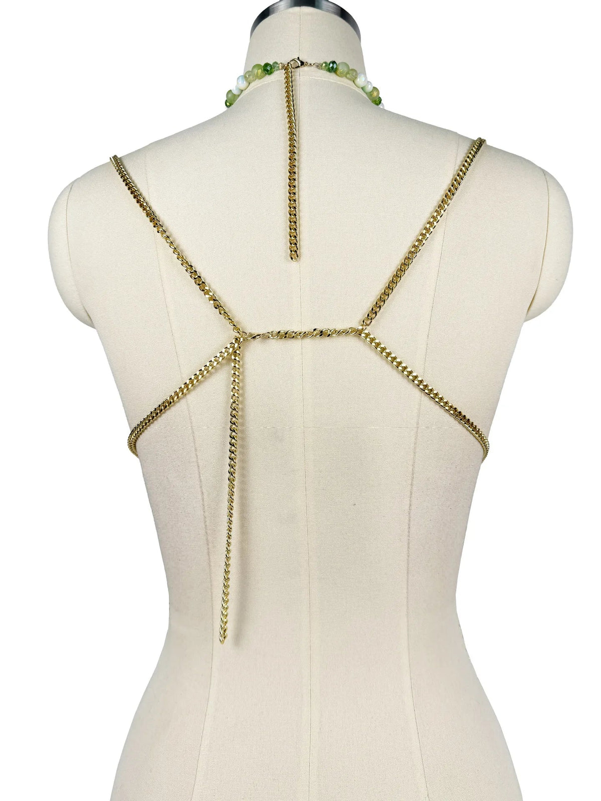 The Stardust Emerald Goddess – Handmade Green Rhinestone & Beaded Tassel Body Chain Halter Top