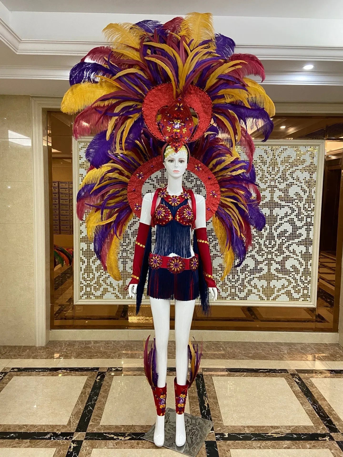 Regal Feathered Backpiece and Rhinestone Costume Set