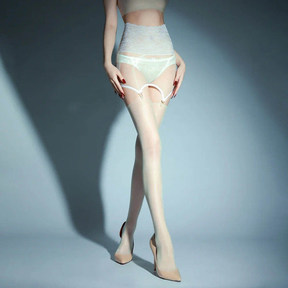 2-in-1 Oil Glossy 1D Sheer Garter Stockings with Lace Package Hip Skirt Tights Set