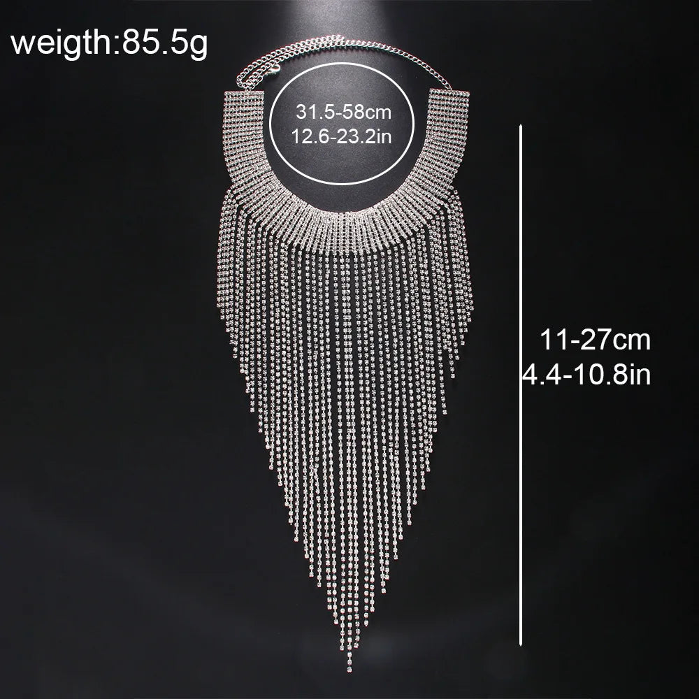 Rhinestone Fringe Tassel Choker Chain Necklace