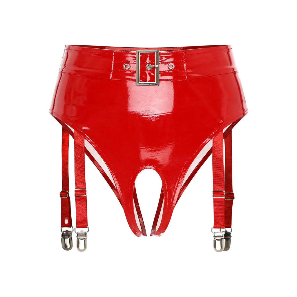 High-Waist Patent Leather Crotchless Thong & Garter Clip Lingerie