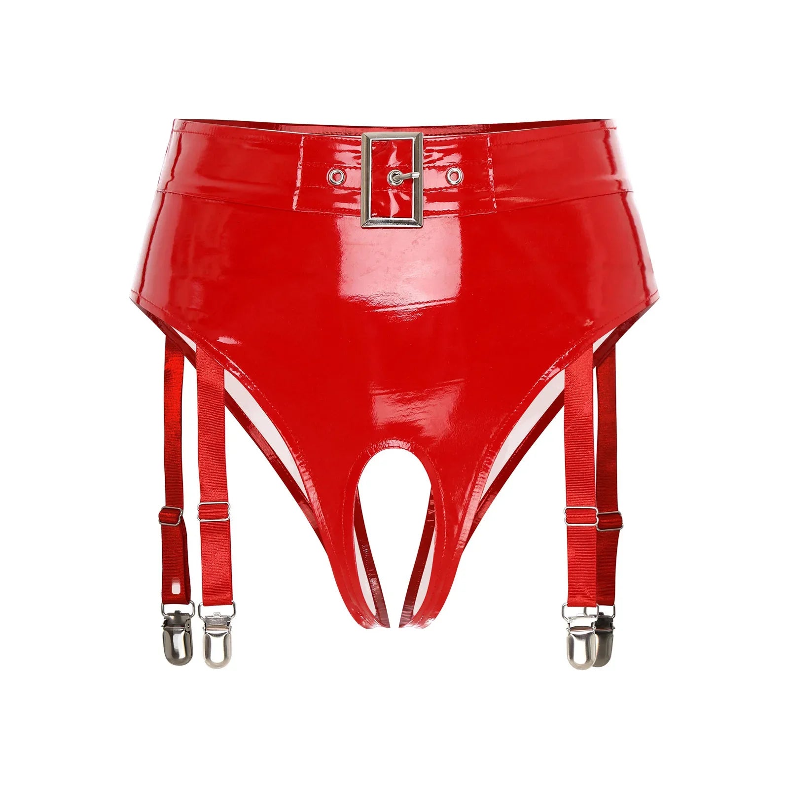 High-Waist Patent Leather Crotchless Thong & Garter Clip Lingerie