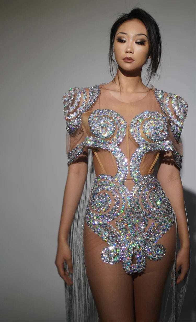 Sparkly Silver Rhinestone Sheer Cape Dress Stage Costume
