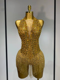 Gold Rhinestone Sheer Mesh Bodysuit Luxury Stage Performance Jumpsuit