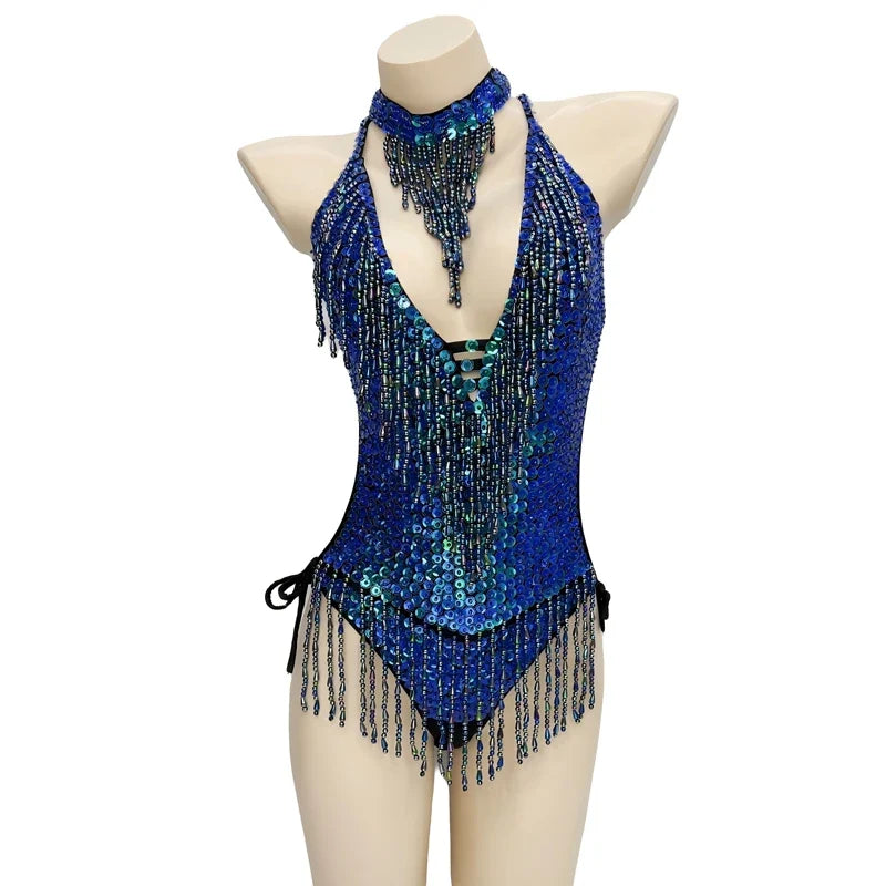 Beaded Sequin Tassel Performance Bodysuit