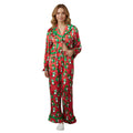 Women's Christmas Pajama Sets Fashionable Lapel V Neck Long Sleeve Printed Tops with Pants 2 Pieces Soft Sleepwear