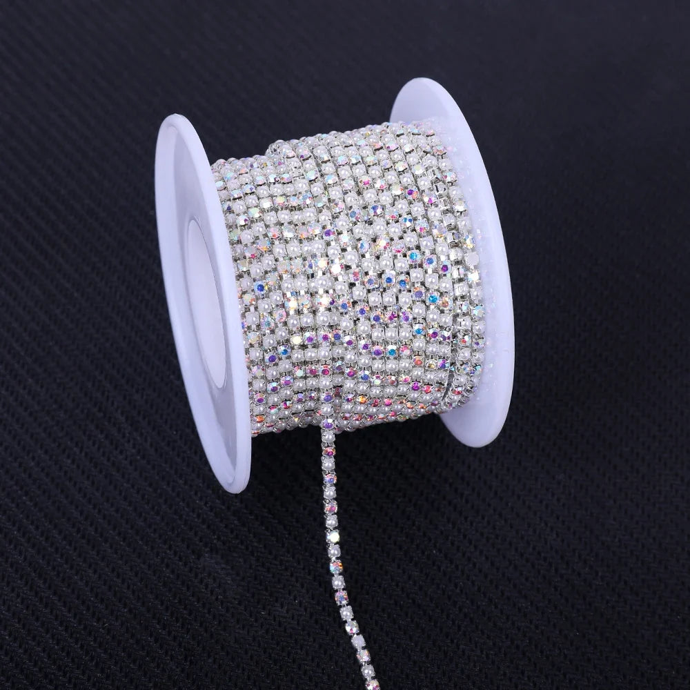 The Stardust Pearl Stream – Premium Silver Base Glass Rhinestone & ABS Pearl Cup Chain Trim