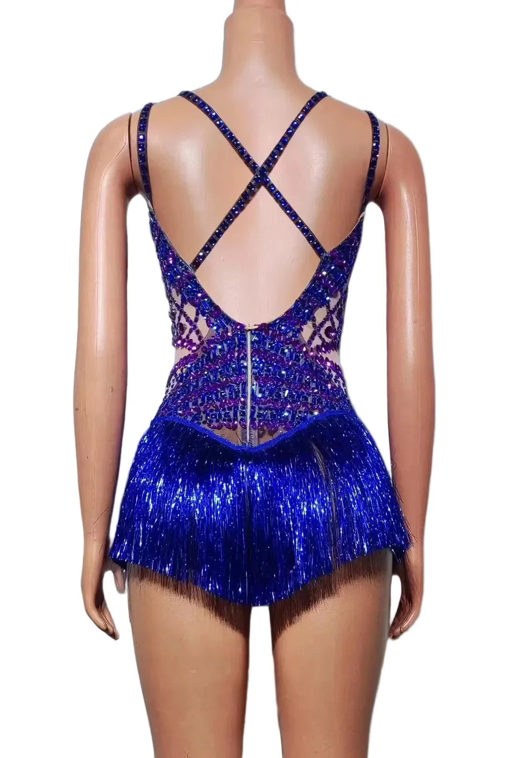 Rhinestone Fringe Bodysuit with Cutout Mesh Panels