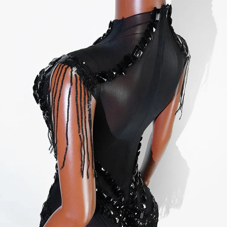 The Stardust Midnight Cabaret Bodysuit – Luxury Rhinestone & Mesh Showgirl Costume