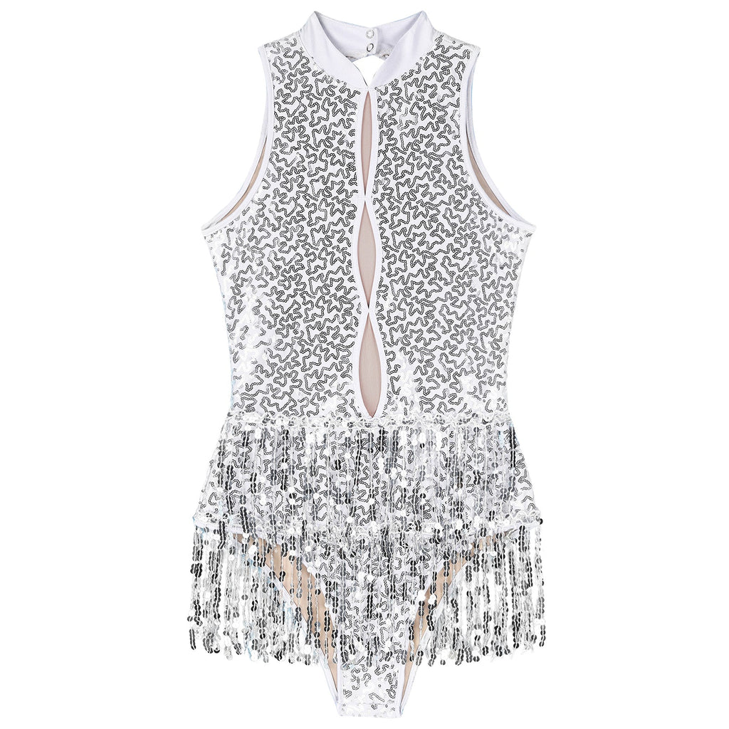 Glitter Sequin Fringe Latin Dance Leotard & Backless Performance Bodysuit