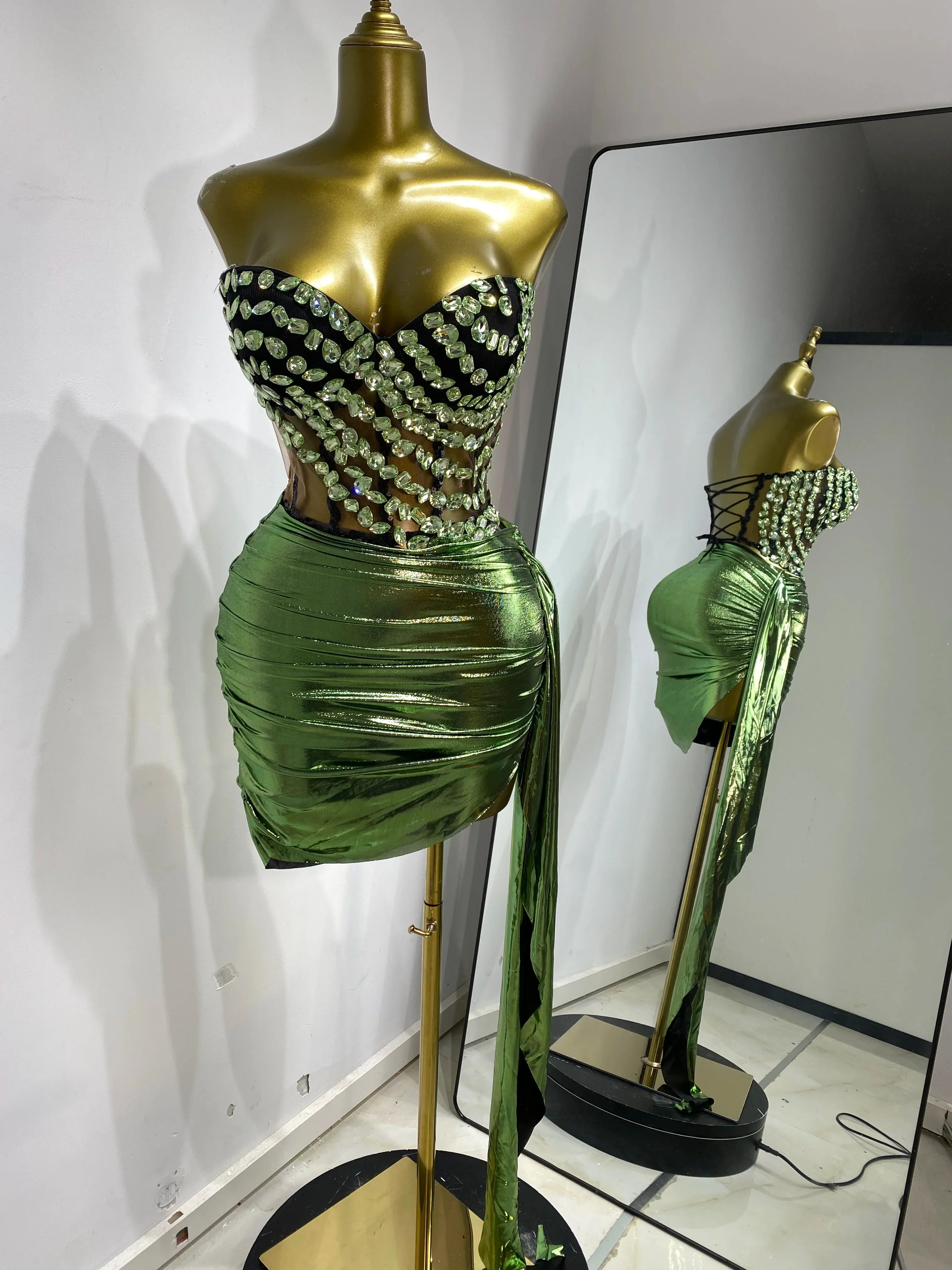 Rhinestone Tube Bustier Corset Top & Bronzing Mini Skirt 2-Piece Performance Set