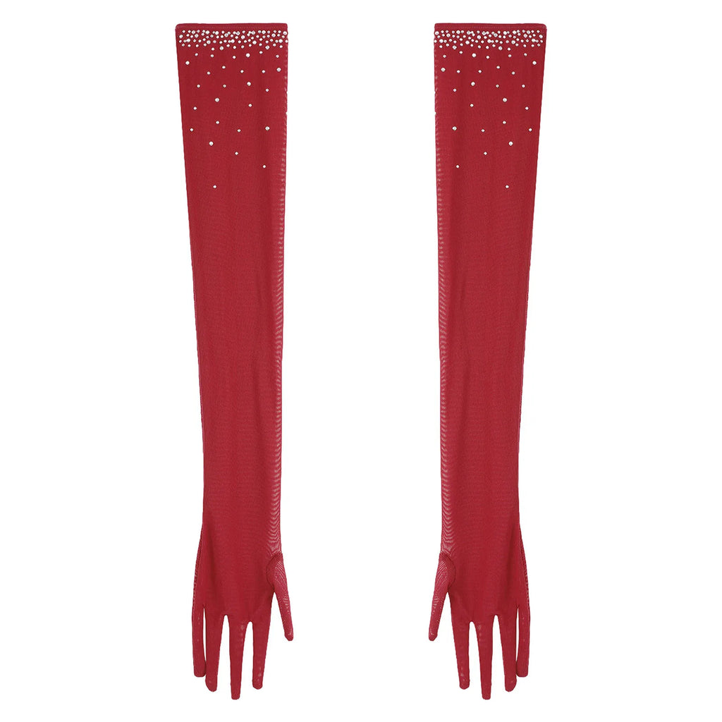 Rhinestone Latin Dance Dress, Mesh Tiered Tassel Bodysuit & Long Gloves Set