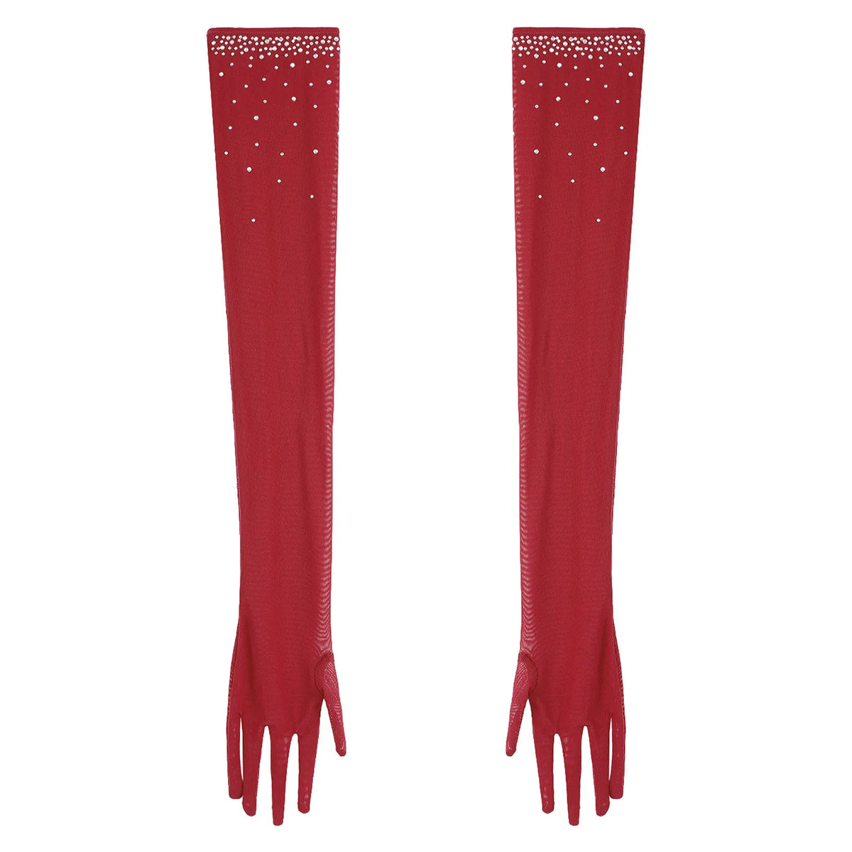 Rhinestone Latin Dance Dress, Mesh Tiered Tassel Bodysuit & Long Gloves Set
