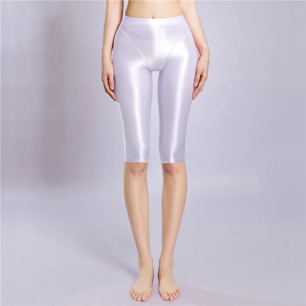 Women's Oil Glossy Sheer High-Waist Shaping Shorts Satin Smooth Leggings