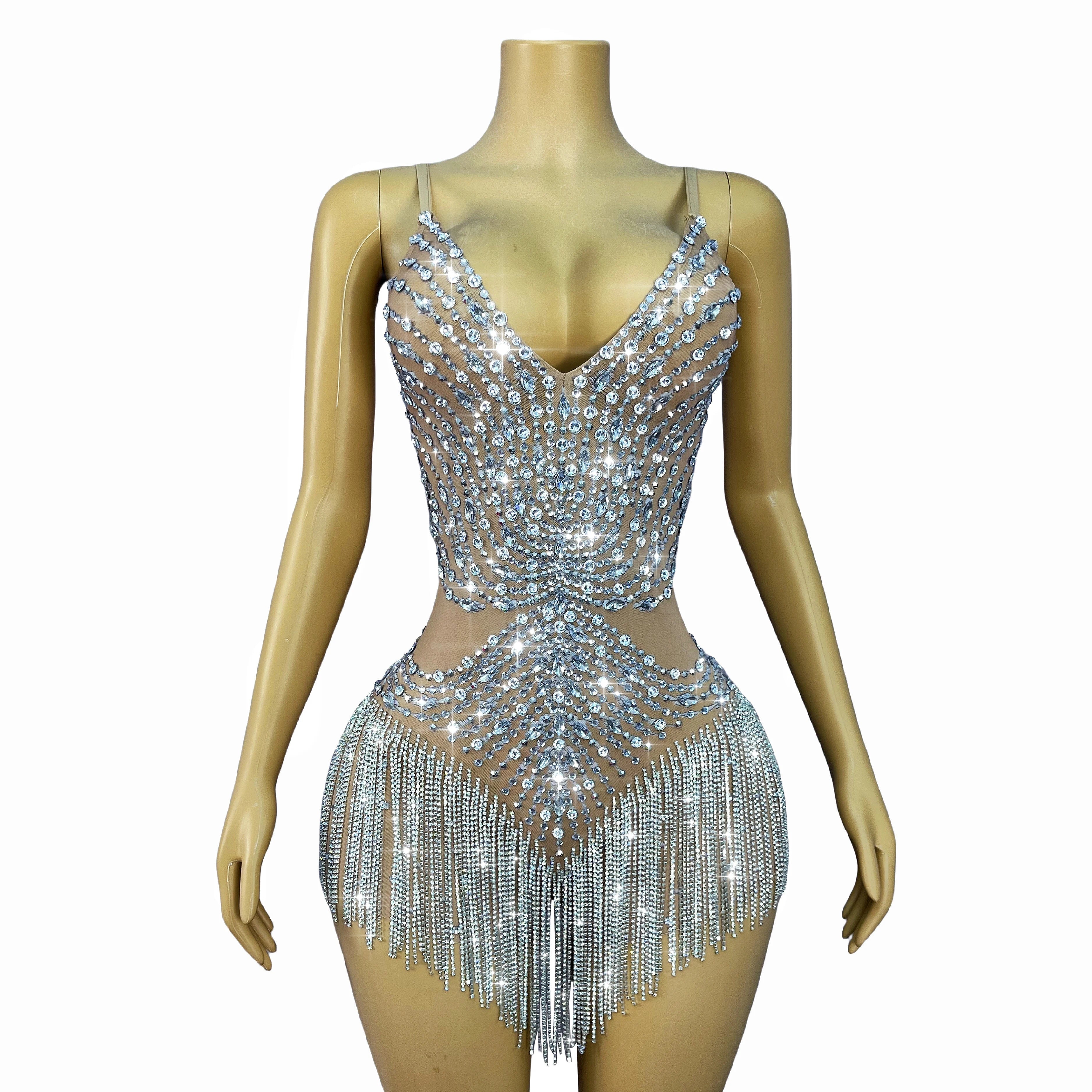 Flashing Crystal Rhinestone Chain Sheer Nude Mesh Stage Bodysuit Dance Leotard
