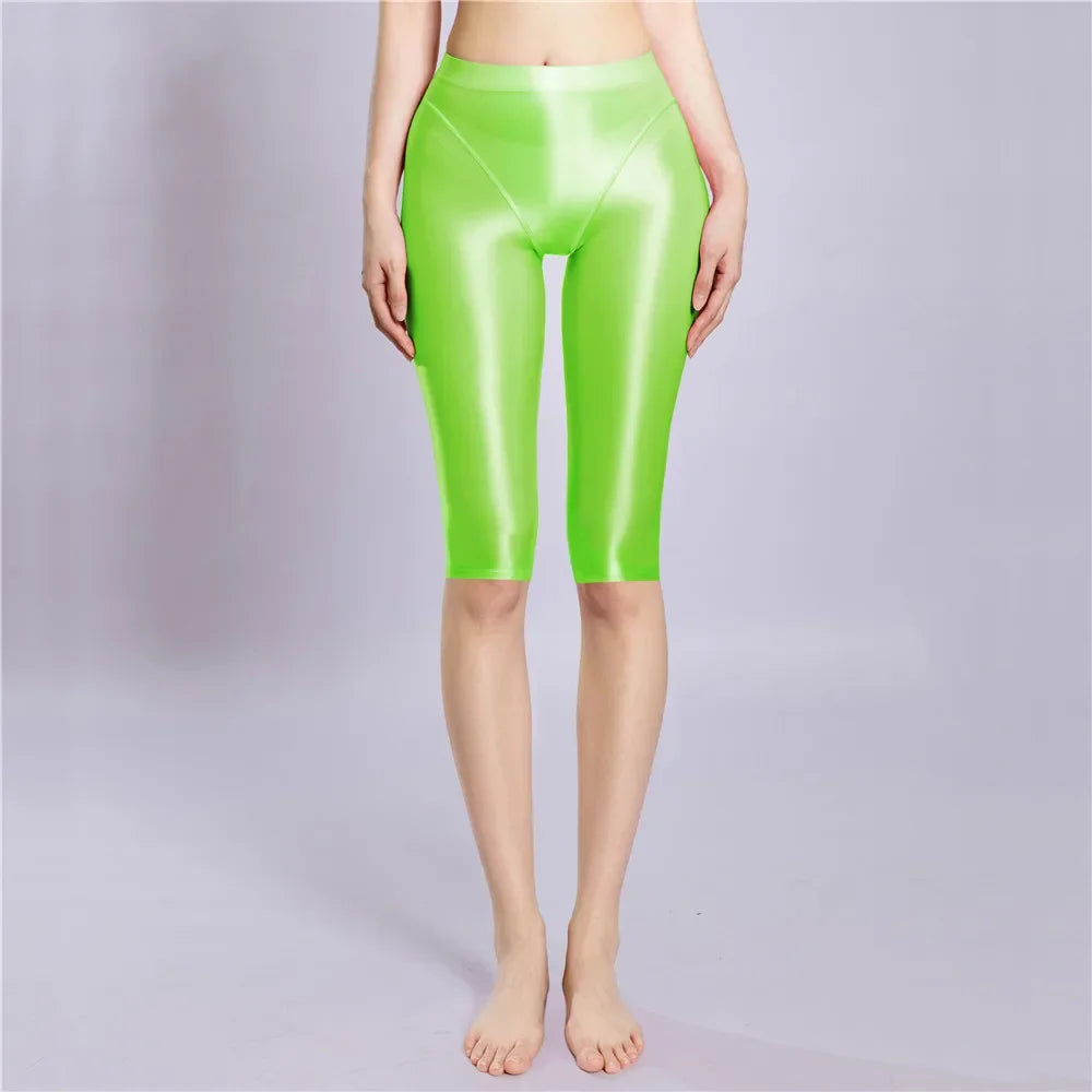 Women's Oil Glossy Sheer High-Waist Shaping Shorts Satin Smooth Leggings