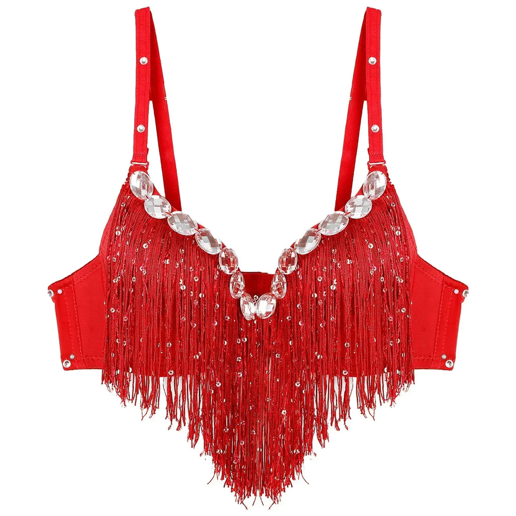The Stardust Oasis Sirena – Sequined Tassel & Rhinestone Push-Up Belly Dance Bra Top