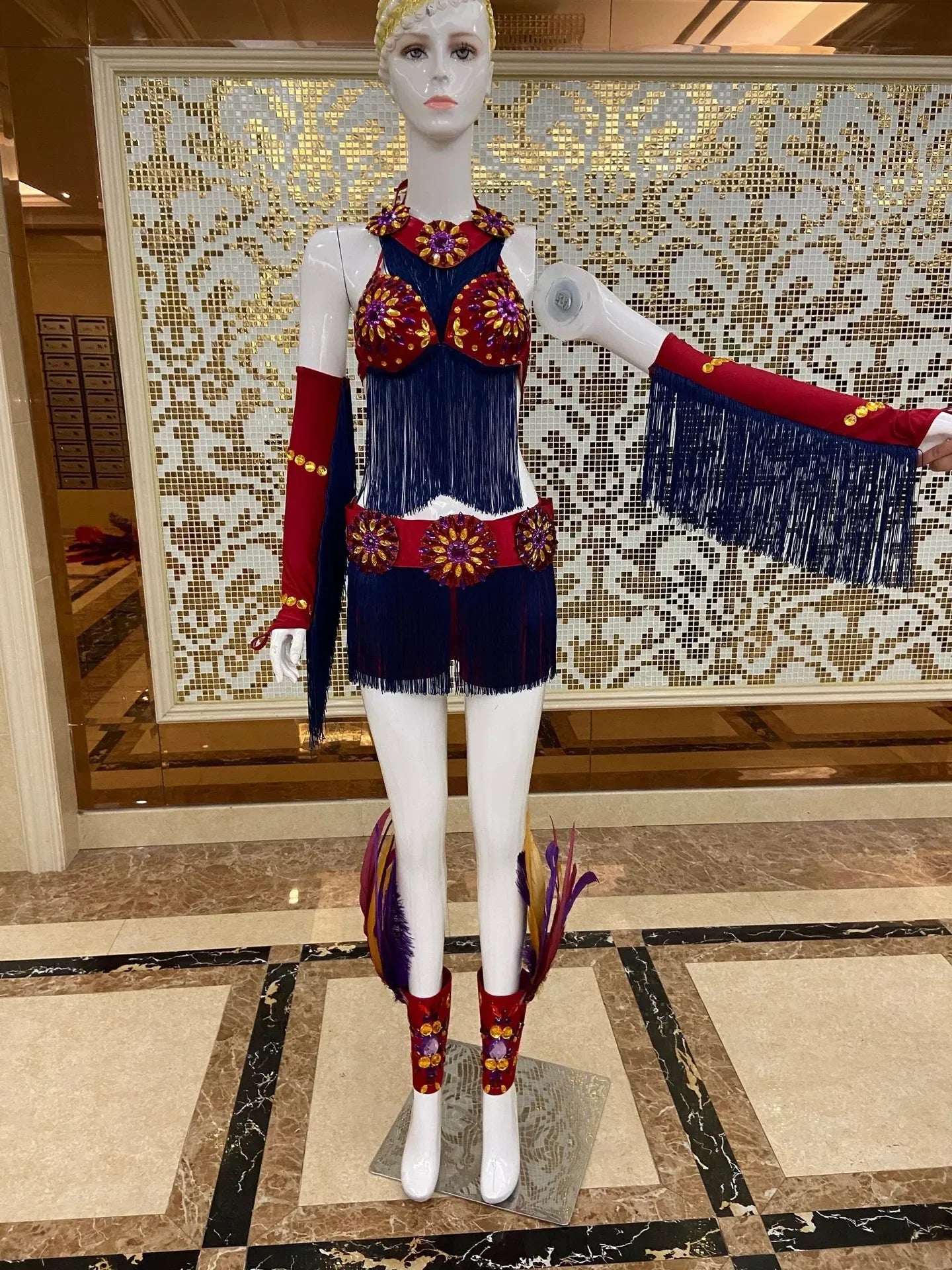 Regal Feathered Backpiece and Rhinestone Costume Set