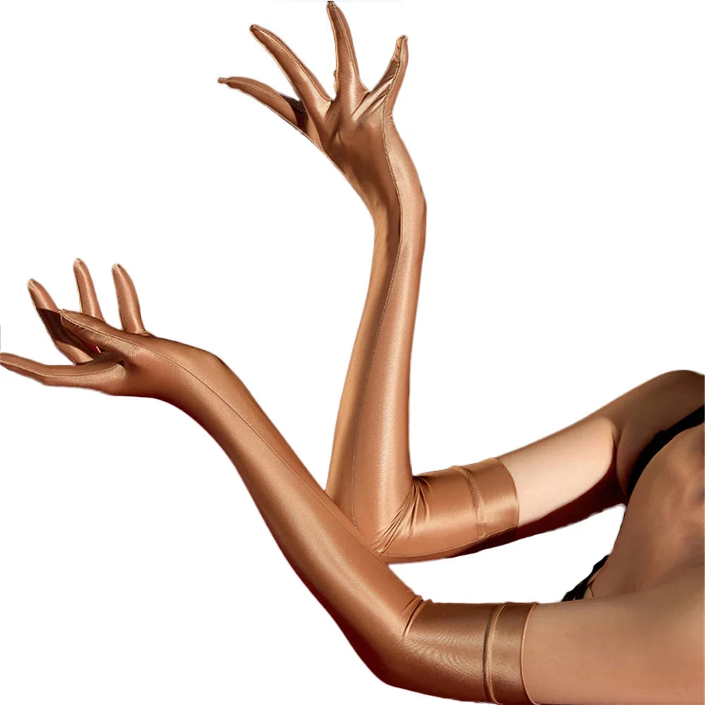 Oil Glossy Satin Smooth Five-Finger Long Elbow Gloves High-Stretch Luxury Evening Gloves