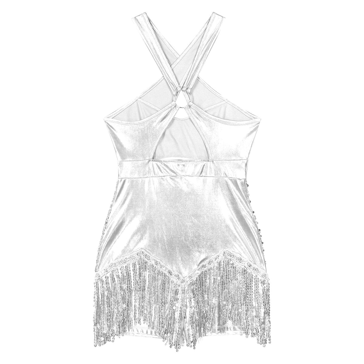 Sequined Fringe Cross-Front Latin Dance Leotard Costume Dress