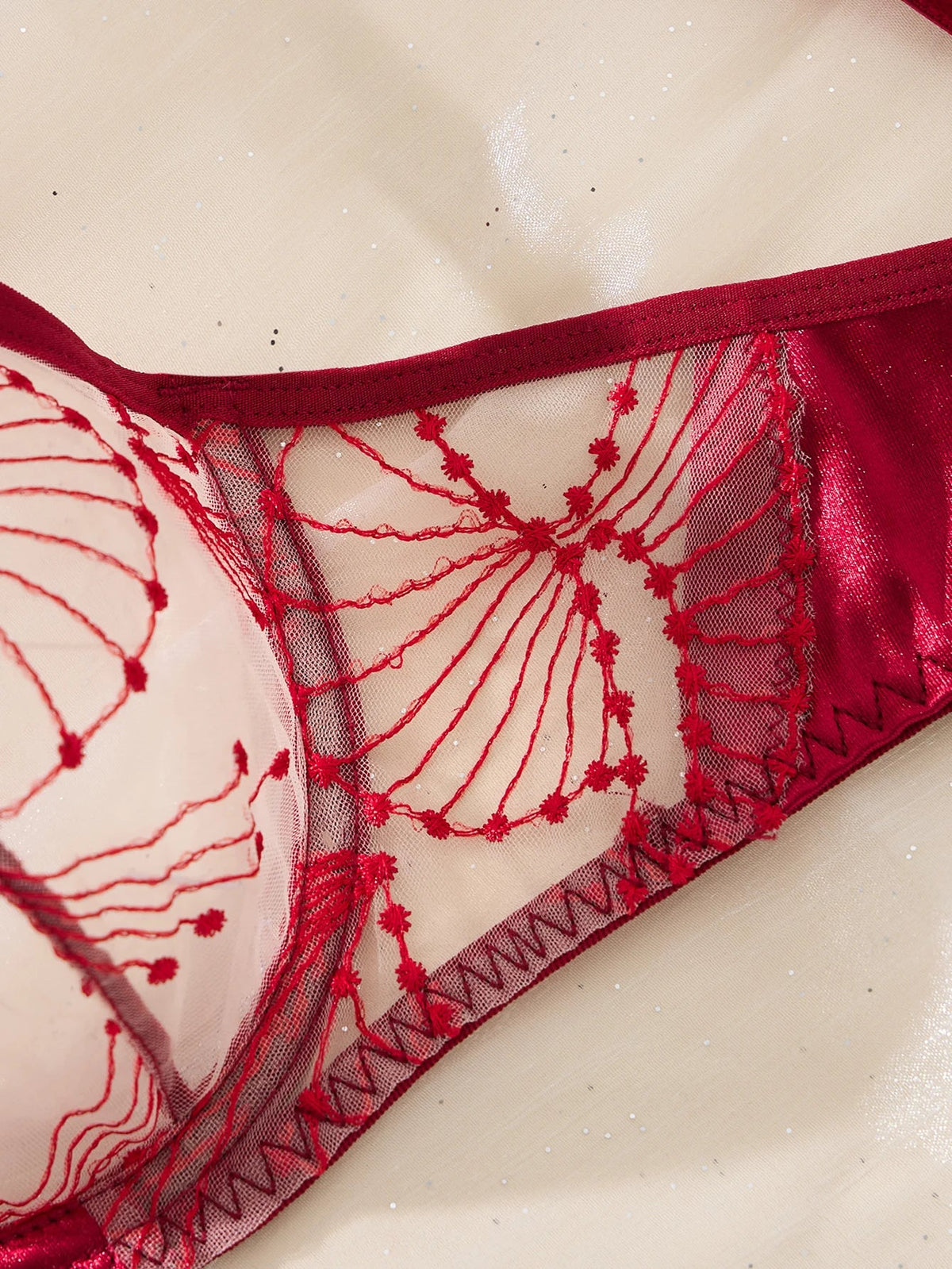Valentine's Day romantic wine-red embroidered lingerie set - sexy see-through mesh gathered bra set of two pieces ZA825287