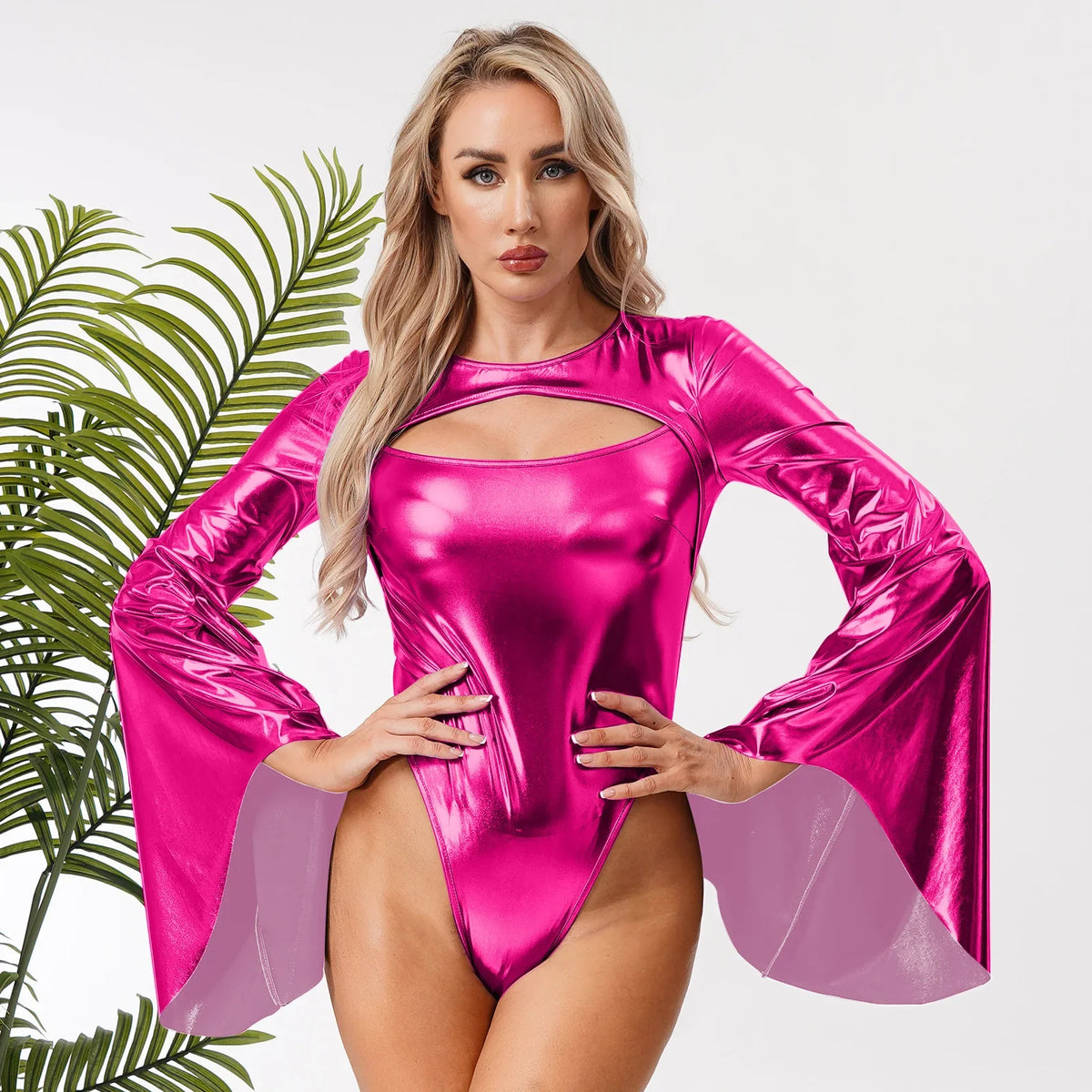 Metallic Flared Sleeve Cutout Disco Bodysuit & Metallic Rave Leotard