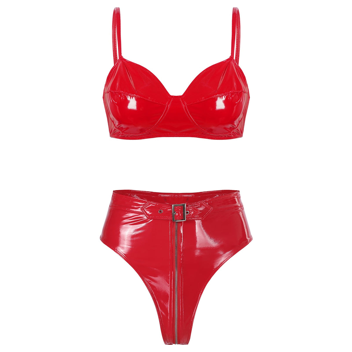 Womens Wet Look PVC Leather Underwear Set Wire-free Unlined Bra Top with High Cut Briefs Party Club Pole Dancing Clubwear