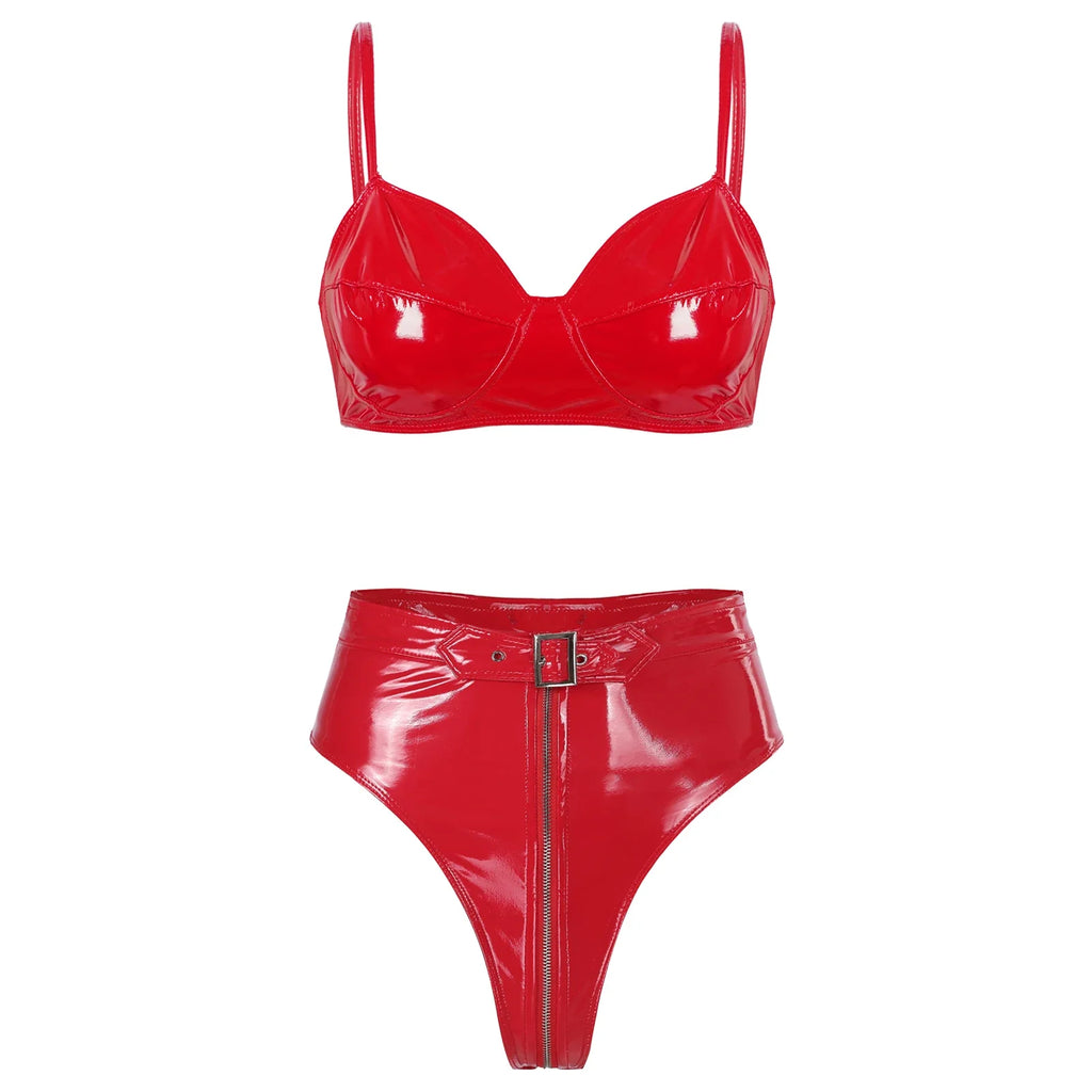 Womens Wet Look PVC Leather Underwear Set Wire-free Unlined Bra Top with High Cut Briefs Party Club Pole Dancing Clubwear