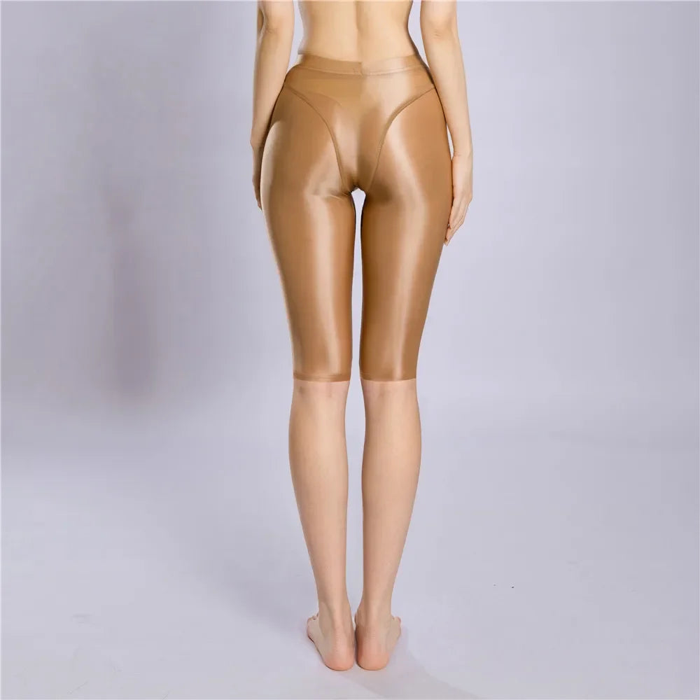 Women's Oil Glossy Sheer High-Waist Shaping Shorts Satin Smooth Leggings
