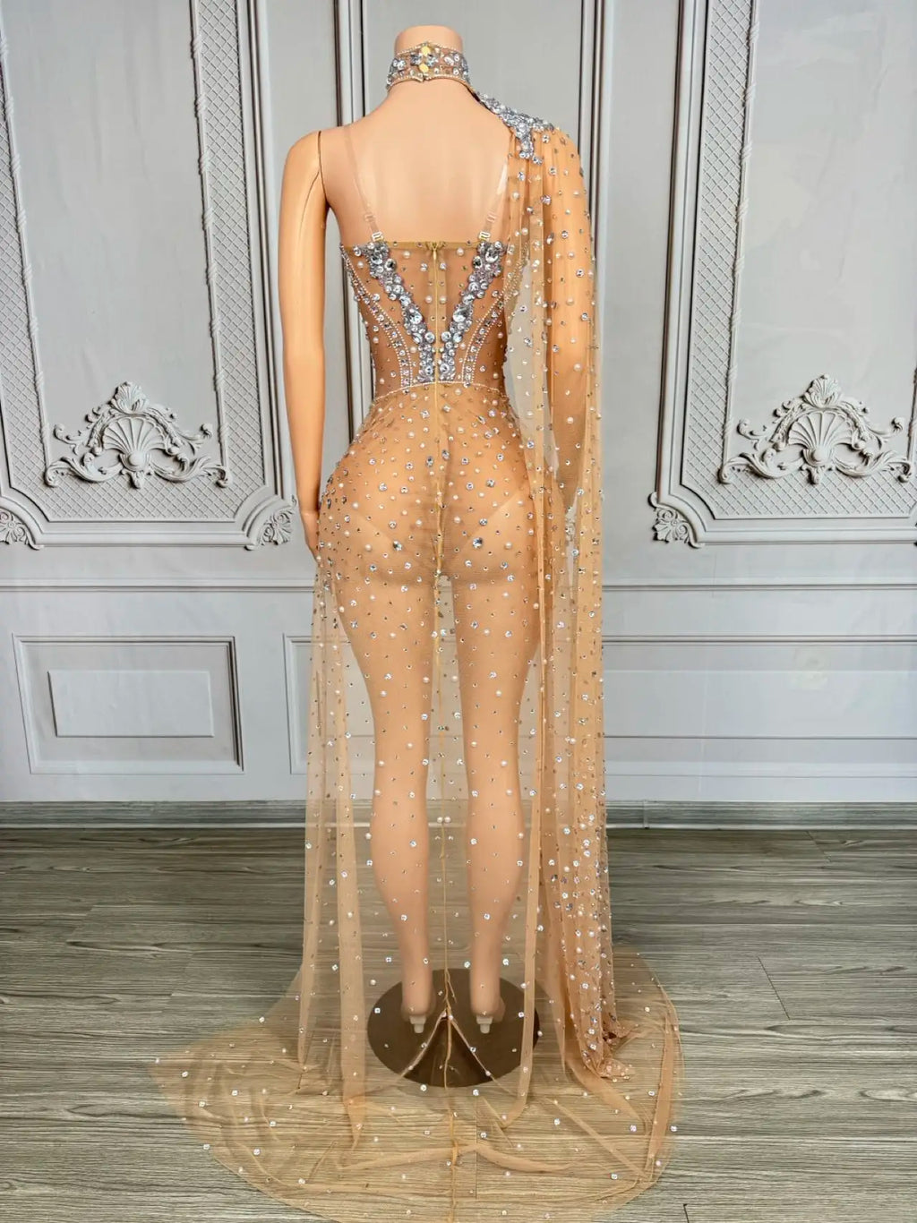 Sparkly Rhinestone & Pearl Mesh Evening Gown with Cloak Sleeves Stage Costume