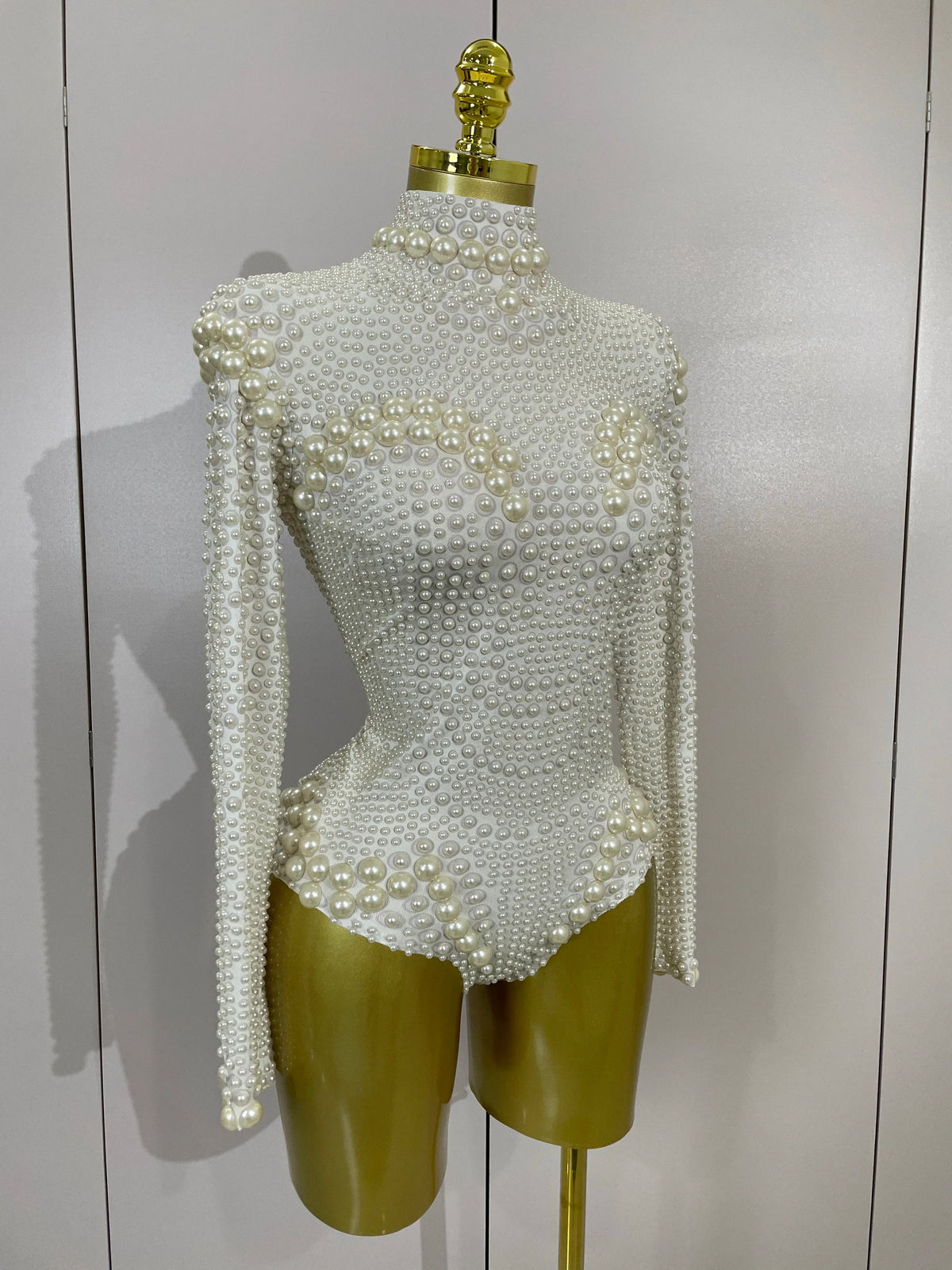 Luxury Full Pearl Long-Sleeved Stage Bodysuit Leotard Evening Performance Costume