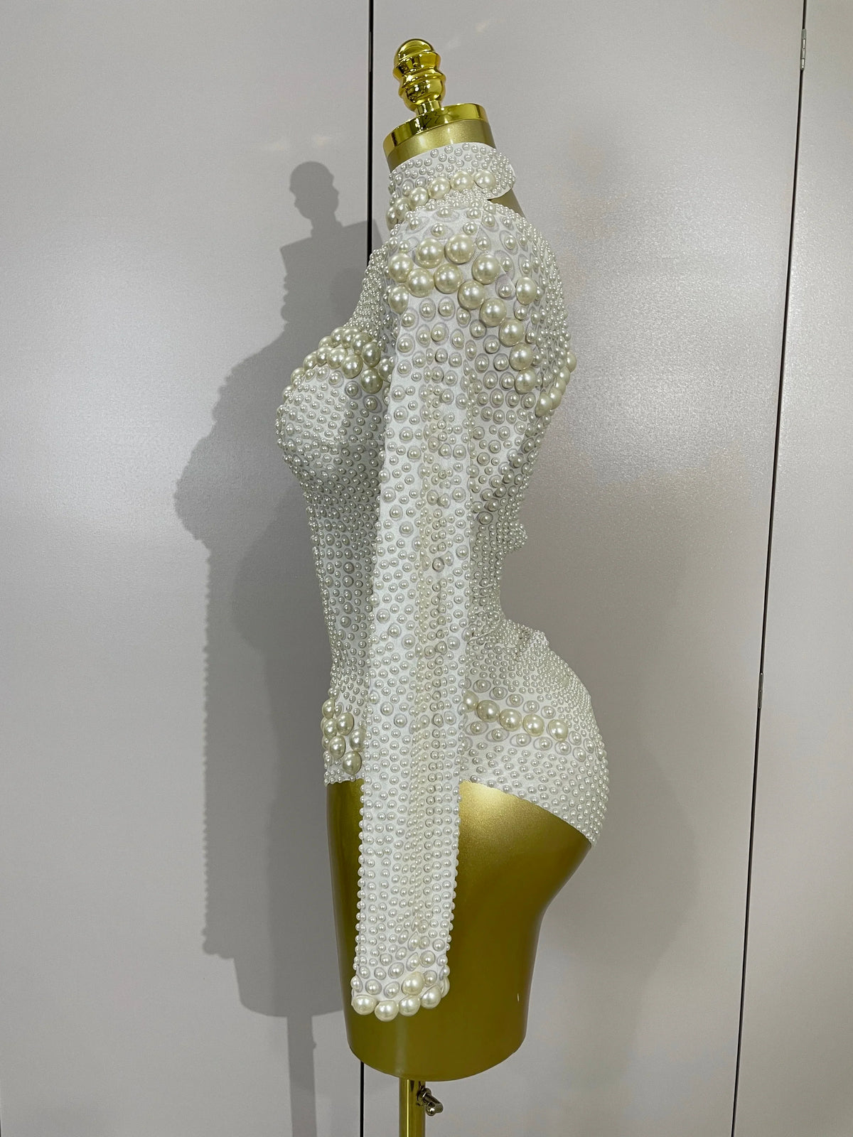 Luxury Full Pearl Long-Sleeved Stage Bodysuit Leotard Evening Performance Costume