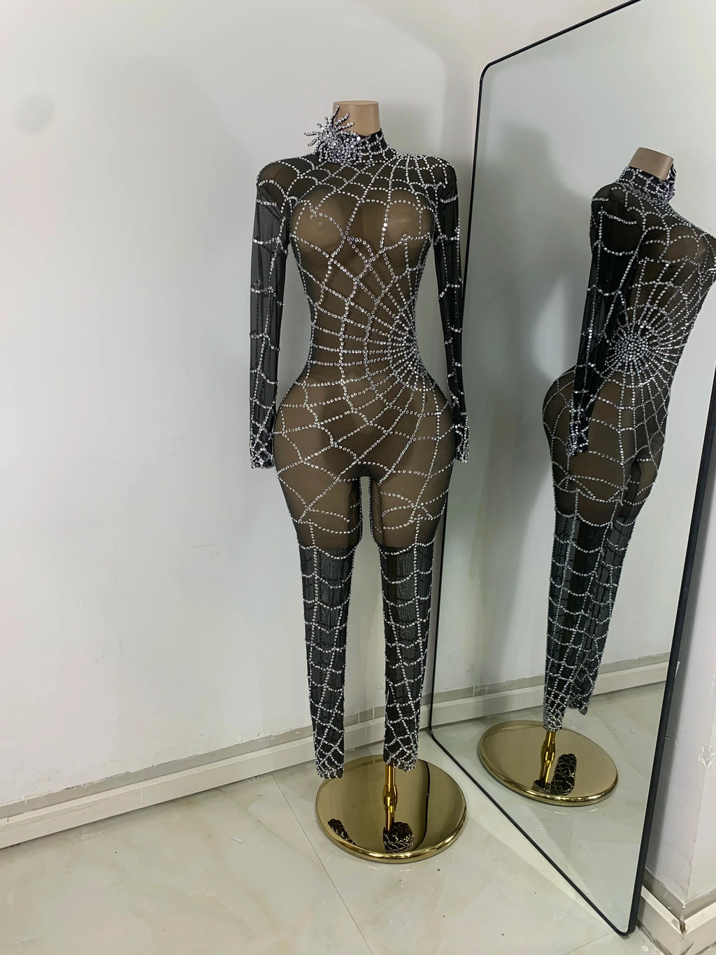 Black Spider Mesh Jumpsuit For Women Sexy Long Sleeve Performance Rompers Dance Show Stage Costume