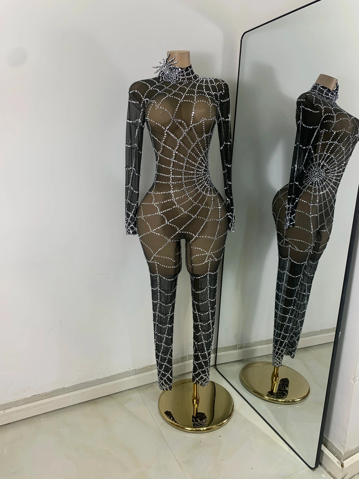 Black Spider Mesh Jumpsuit For Women Sexy Long Sleeve Performance Rompers Dance Show Stage Costume