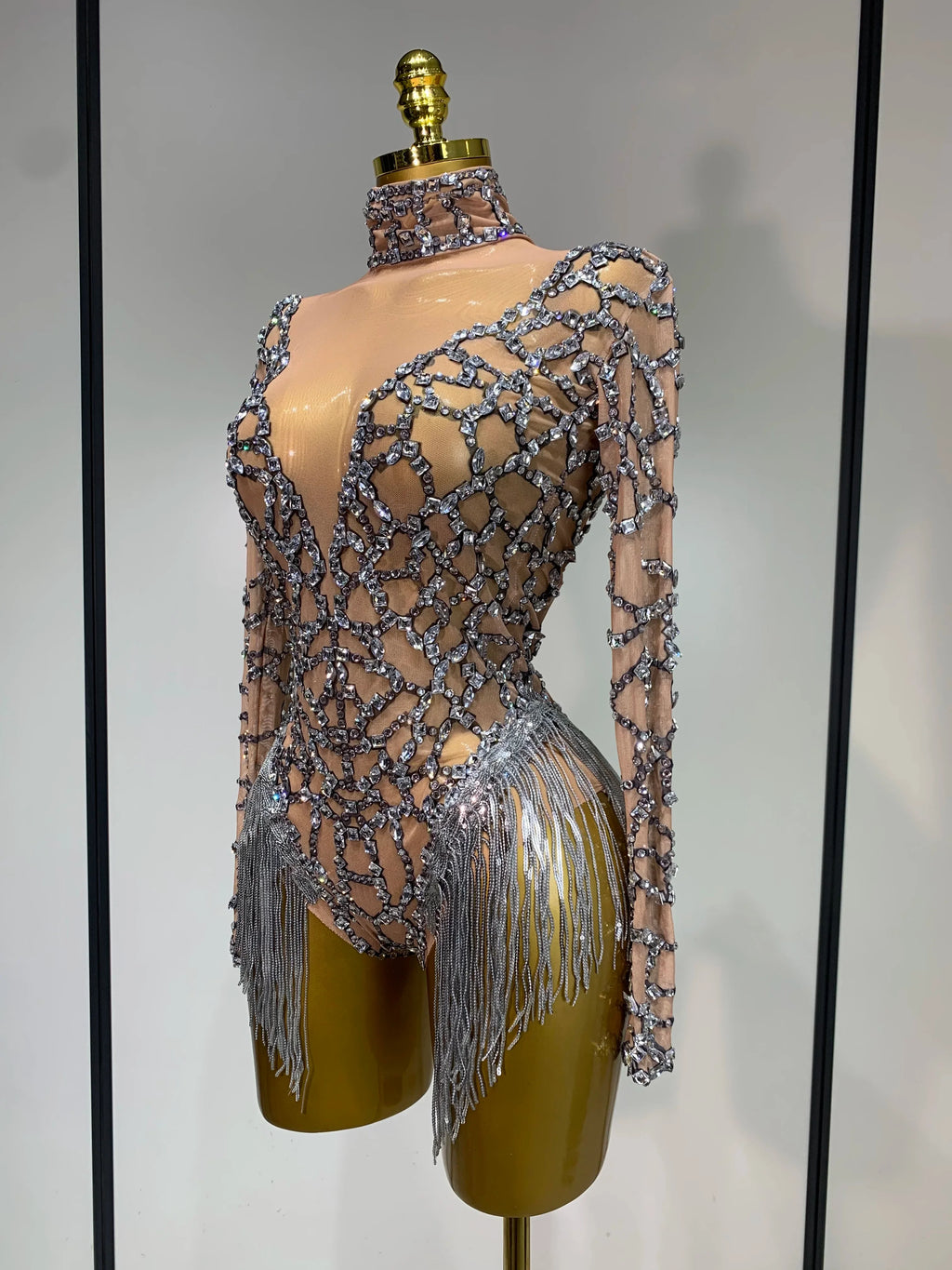 The Stardust Diamond Fringe Bodysuit – Luxury Rhinestone Mesh Stage Costume