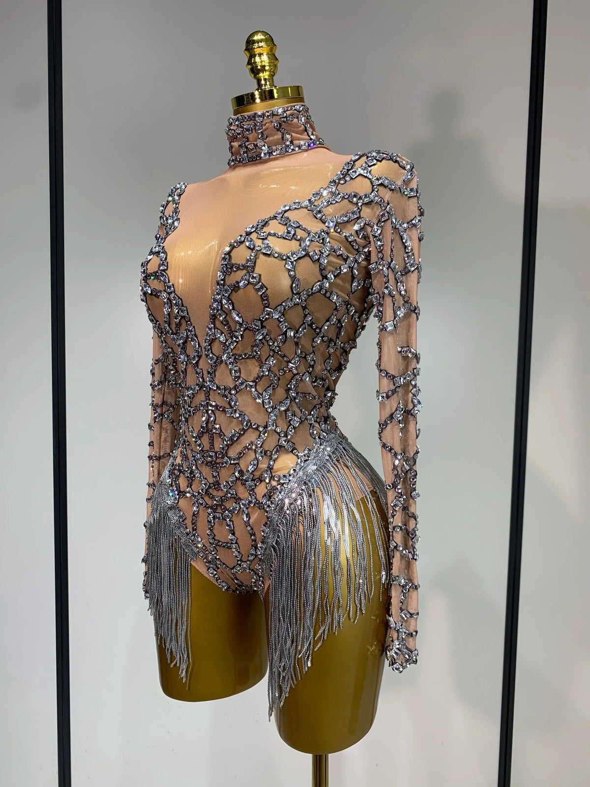 The Stardust Diamond Fringe Bodysuit – Luxury Rhinestone Mesh Stage Costume