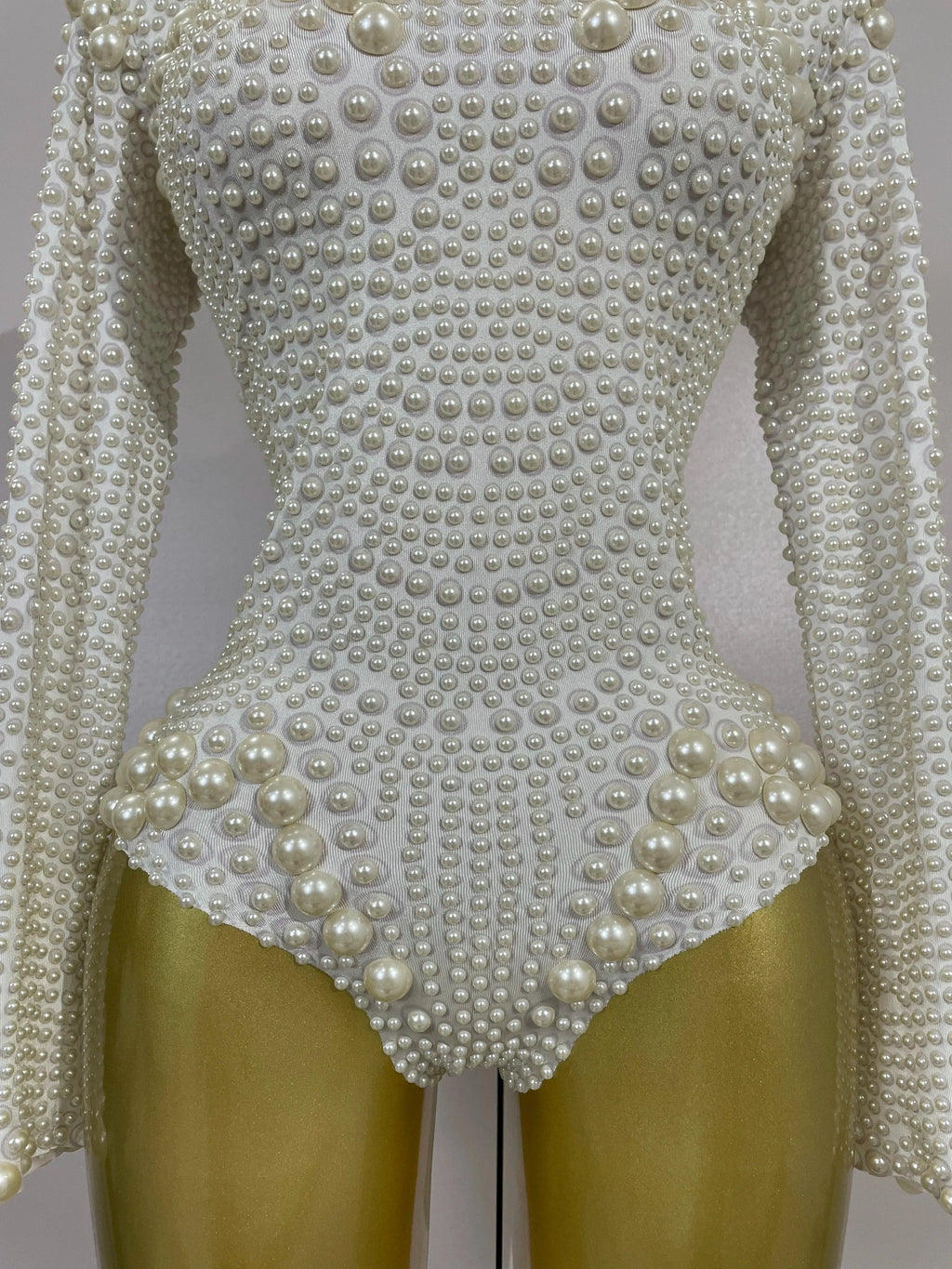 Luxury Full Pearl Long-Sleeved Stage Bodysuit Leotard Evening Performance Costume