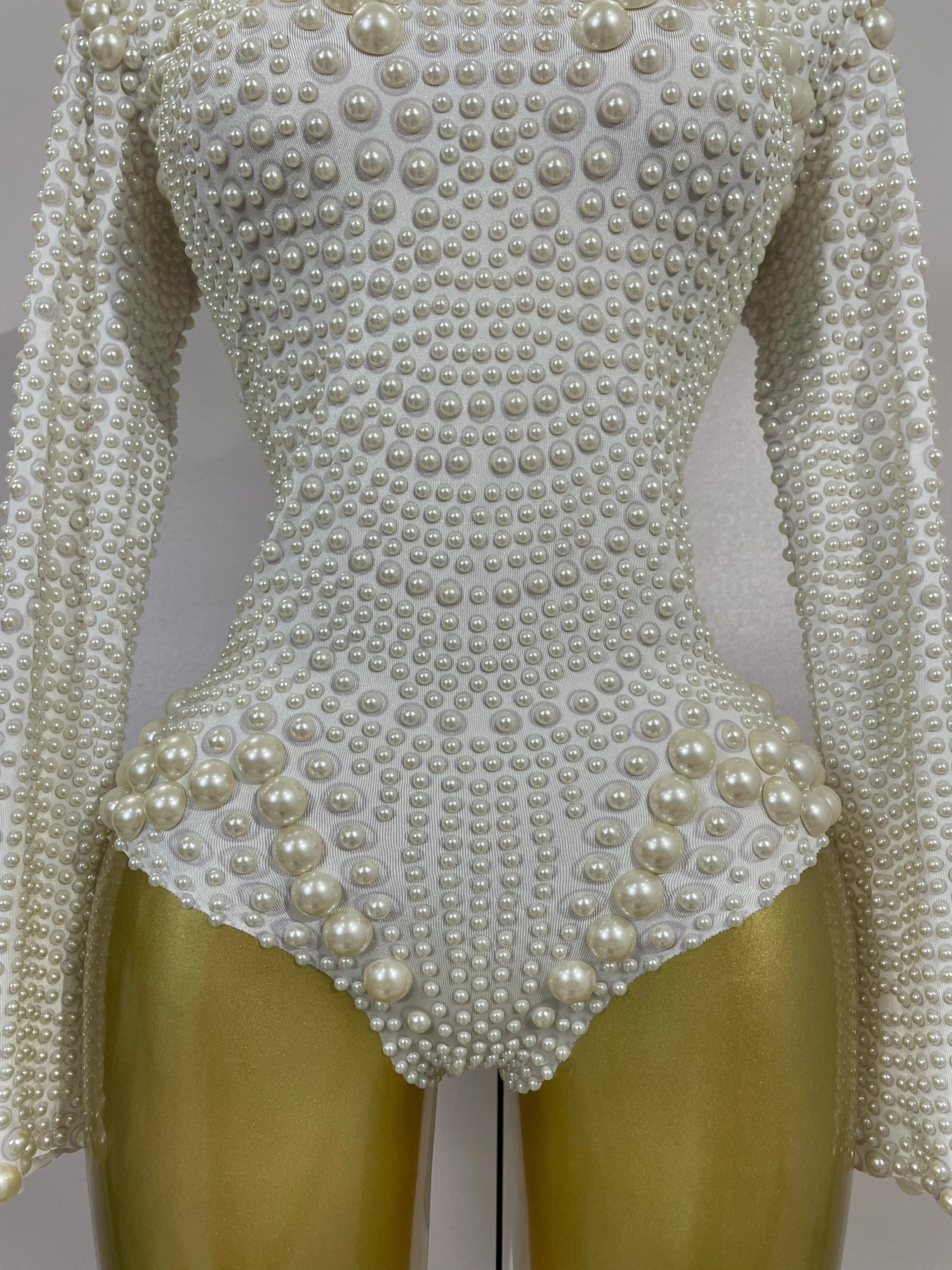Luxury Full Pearl Long-Sleeved Stage Bodysuit Leotard Evening Performance Costume