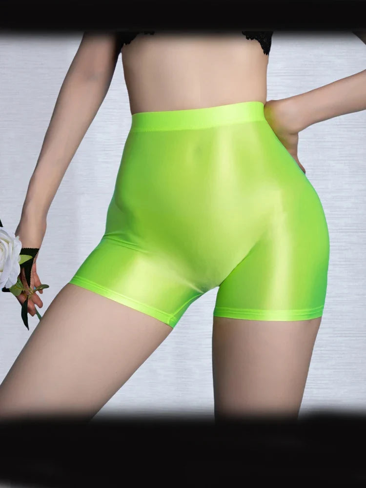 Seamless Oil Glossy High-Stretch Boyshorts Satin Sheer Safety Shorts