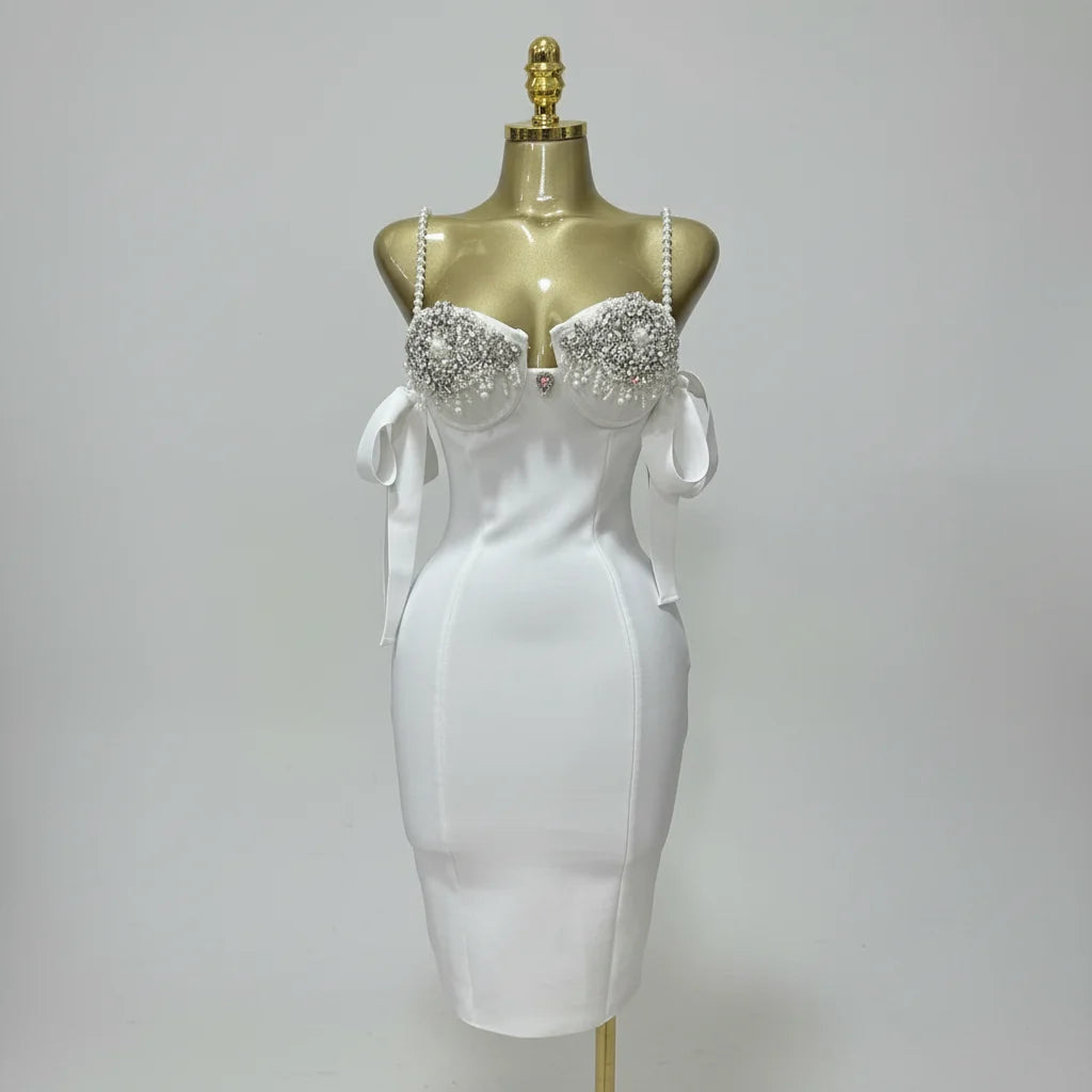 Luxury Pearl Strap Rhinestone Bustier Bandage Mini Dress & Cocktail Party Bodycon